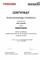 Certyfikat autoryzowanego instalatora TOSHIBA